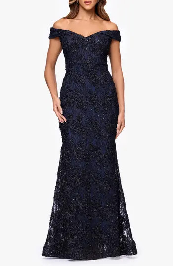 Xscape Evenings Sequin & Lace Off the Shoulder Gown in Black/Navy at Nordstrom Rack, Size 16 | Nordstrom Rack