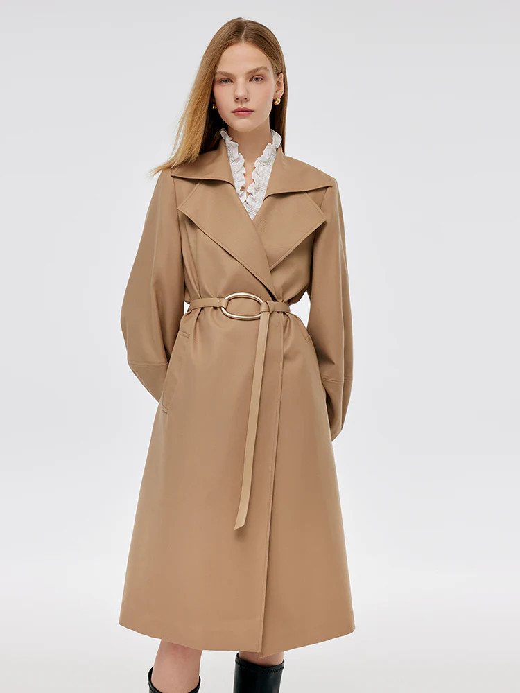 Worsted Wool Lantern Sleeve Women Trench Coat With Leather Belt - Light camel / XS | GOELIA