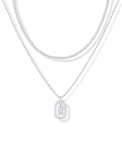PAVOI Rhodium Plated Cubic Zirconia Letter Pendant Layered Necklace | Framed Initial Letter Cable Singapore Chains Layering Necklaces for Women | V Initial | Amazon (US)