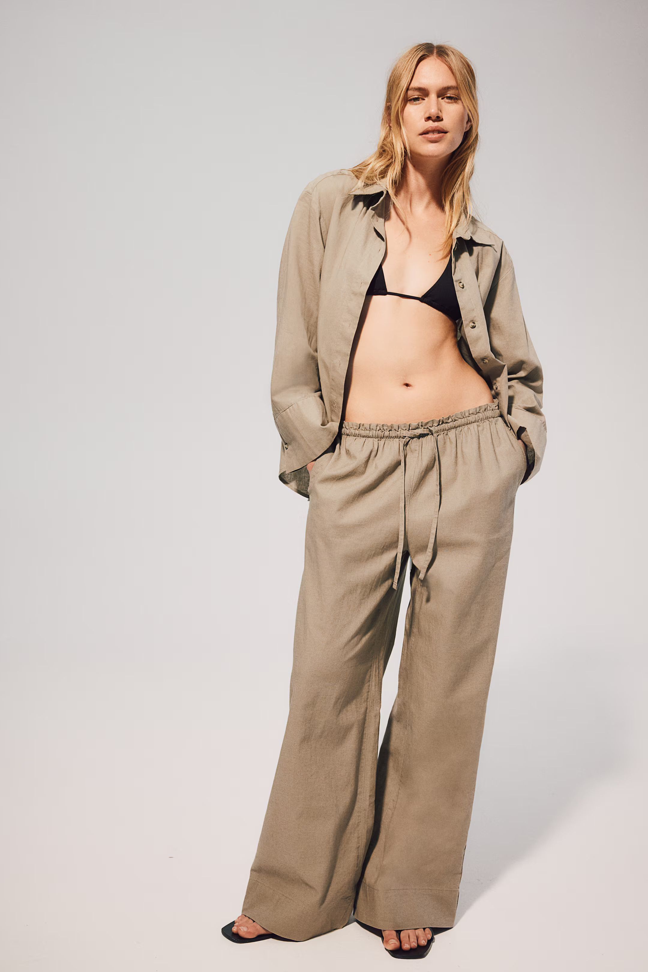 Wide-leg Linen-blend Pants - High waist - Long - Beige - Ladies | H&M US | H&M (US + CA)