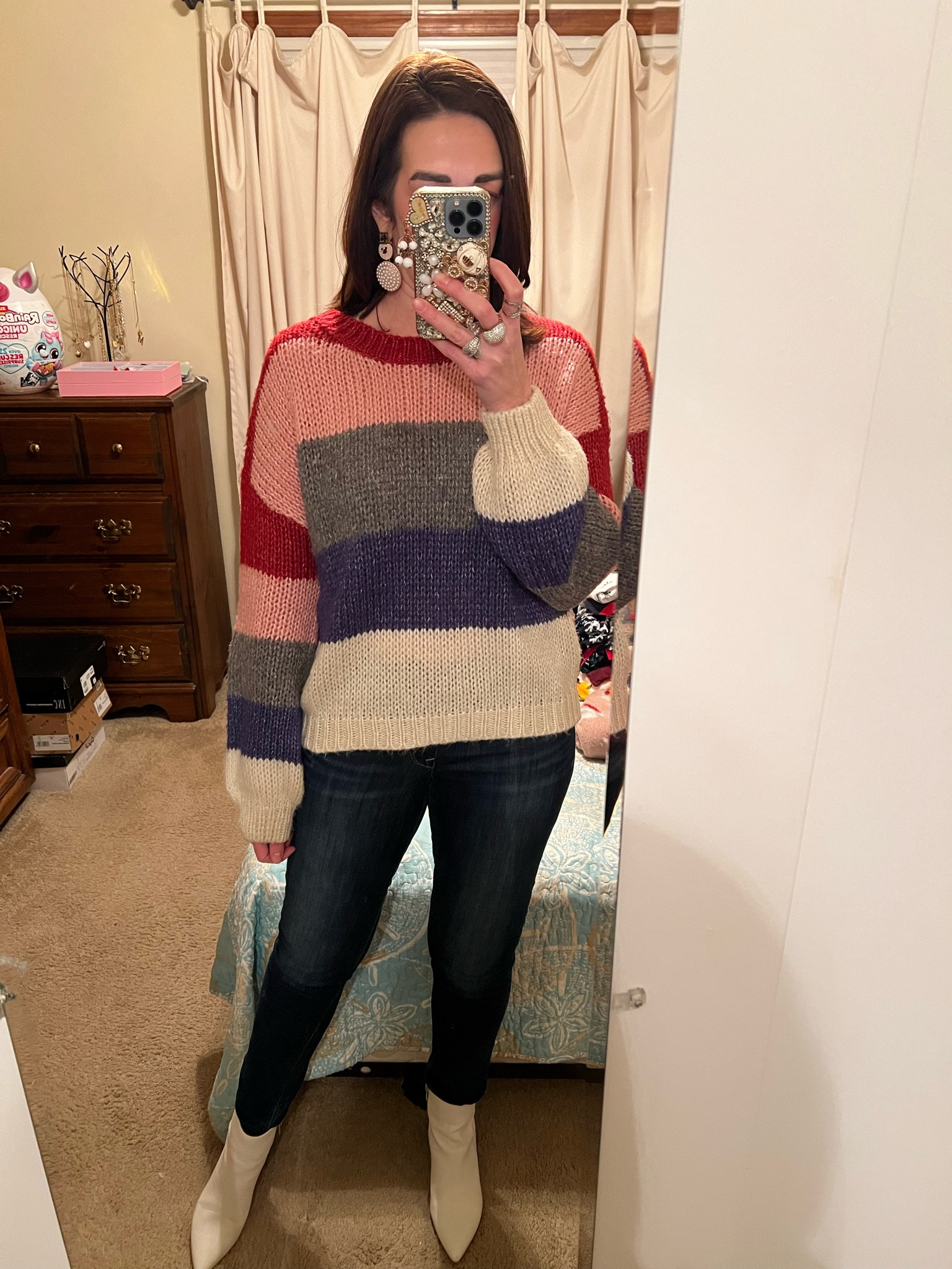 Striped chunky sweater (small). Dark wash skinny jeans (4). White boots (8.5). #sweater #sweaters #chunkysweater #stripedsweater #jeans #skinnyjeans #booties #darkwashjeans #boots #whiteboots #winteroutfit #snowmanearrings #earrings Boots 

#LTKStyleTip #LTKSeasonal #LTKFindsUnder100