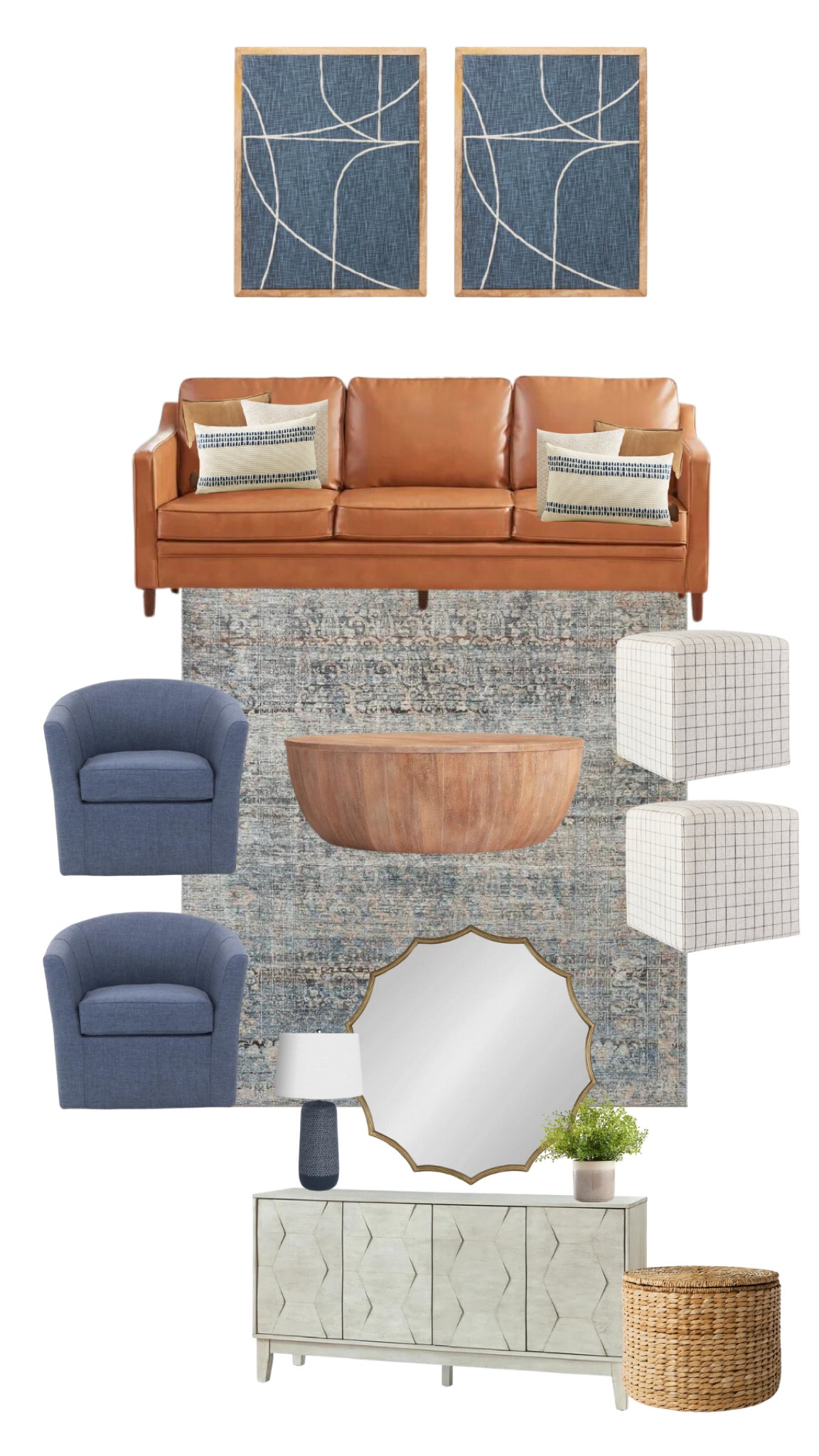 Living room design.  Navy and cognac with hints of gray. 