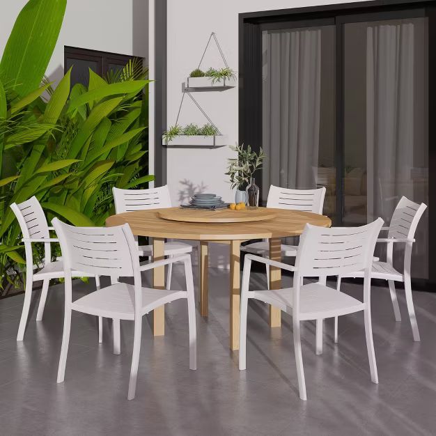 Kells 7pc Patio Dining Set with Round Table with Teak Finish & Lazy Susan - Amazonia | Target