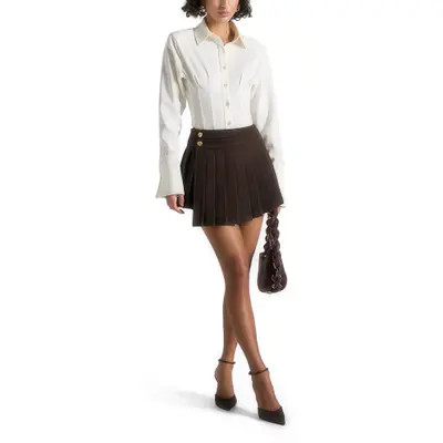 Manière De Voir Joelle Wool Asymmetric Pleated Mini Skirt in Brown at Nordstrom, Size 8 | Nordstrom
