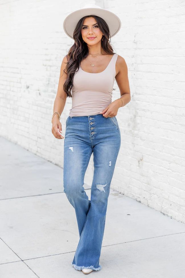 Kelly Distressed Flare Medium Wash Jeans | Pink Lily