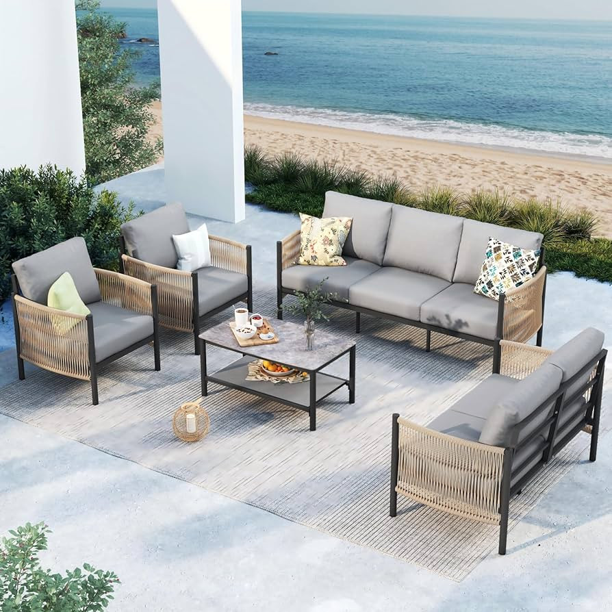 Aluminum Outdoor Patio Furniture Set, HDPE Rope 5 Piece Modern Sectional Conversation Sets with D... | Amazon (US)