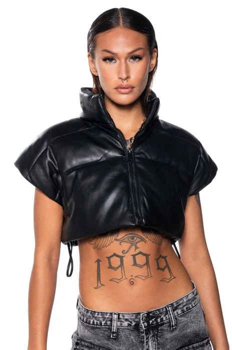 ULTRA CROP PU VEST WITH PULL STRINGS IN BLACK | AKIRA