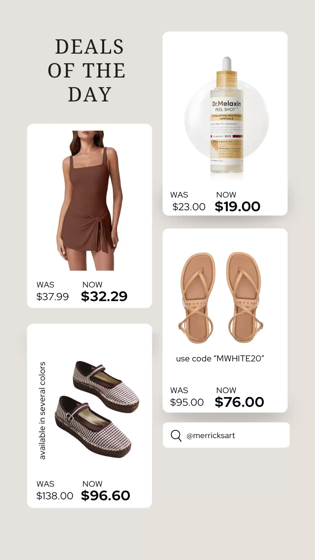 Daily deals! Swimsuit dress, a great little skin peel solution for weekly exfoliation, some darling espadrille flats, and a custom code for some of my favorite ever sandals from Reef!