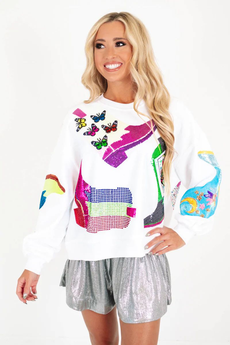 Queen Of Sparkles Boot Sweatshirt - White | The Impeccable Pig