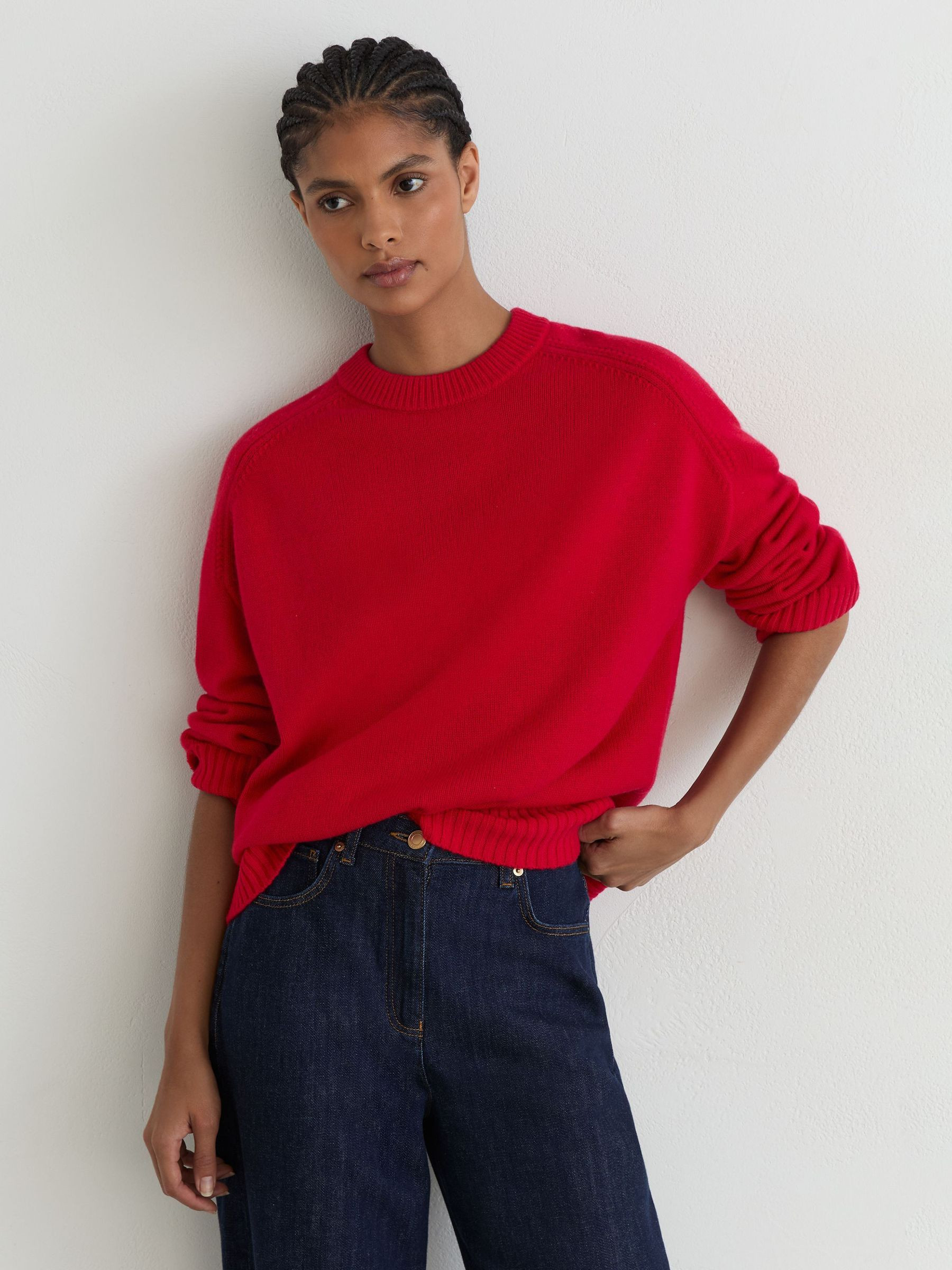 Reiss Wool-Cashmere Crew-Neck Raglan Jumper in Red - REISS | Reiss UK
