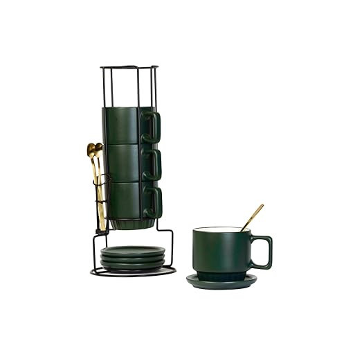 La Belle Maison Coffee Mug Set of 4-11.5 Oz Porcelain Stackable Coffee Mugs with Saucers, Spoons & Metal Stand - Ceramic Tea Cups with Rack - Dishwasher & Microwave Safe | Amazon (US)