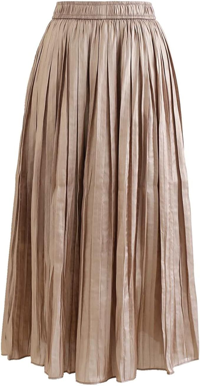 CHICWISH Women's Light Tan Glimmer Pleated Elastic Waist Midi Skirt at Amazon Women’s Clothing ... | Amazon (US)