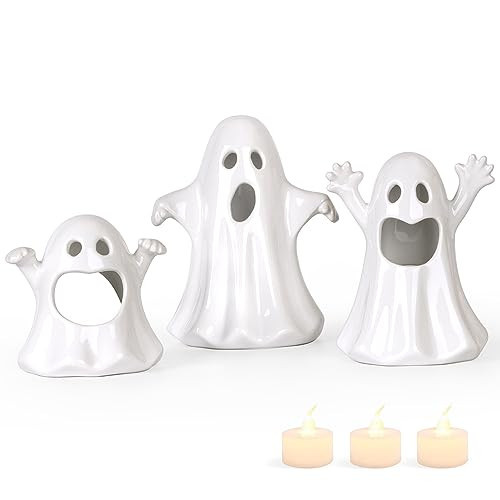 Sunlit Ceramic Ghost with 3 Tea Lights, Spooky Candle Holder Set of 3, Tabletop Indoor Halloween Decorations for Holiday Party Home, Spooky Sculptures Ghost Figurines, White | Amazon (US)