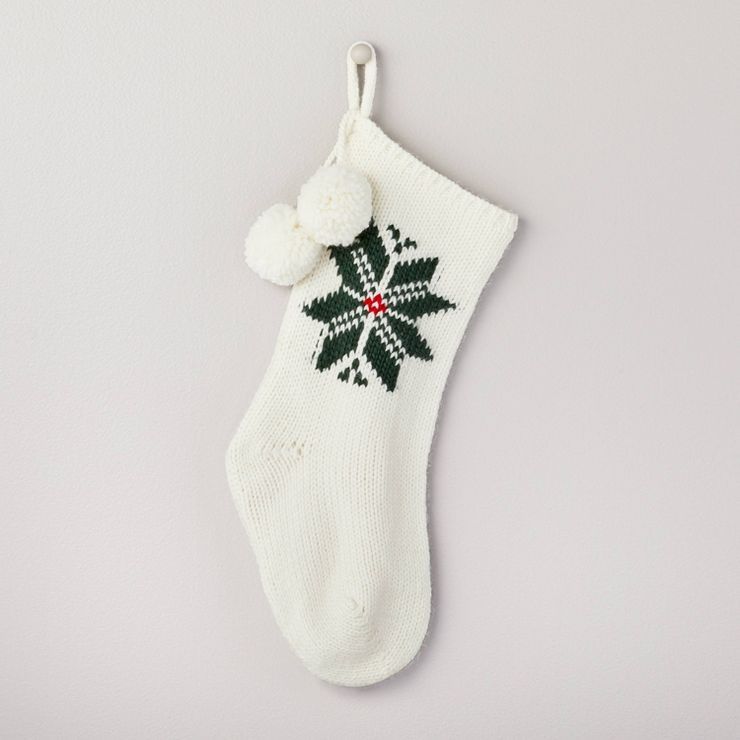 Snowflake Jacquard Knit Christmas Stocking Green/Cream - Hearth &#38; Hand&#8482; with Magnolia | Target
