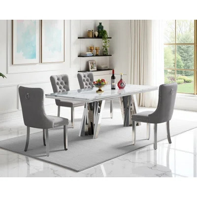 Modern Faux Marble Dining Table Set, Luxury 70" Dining Room Table with , Kitchen Table with Lightning Stainless Steel Pedestal, Rectangle Dining Table | Wayfair North America