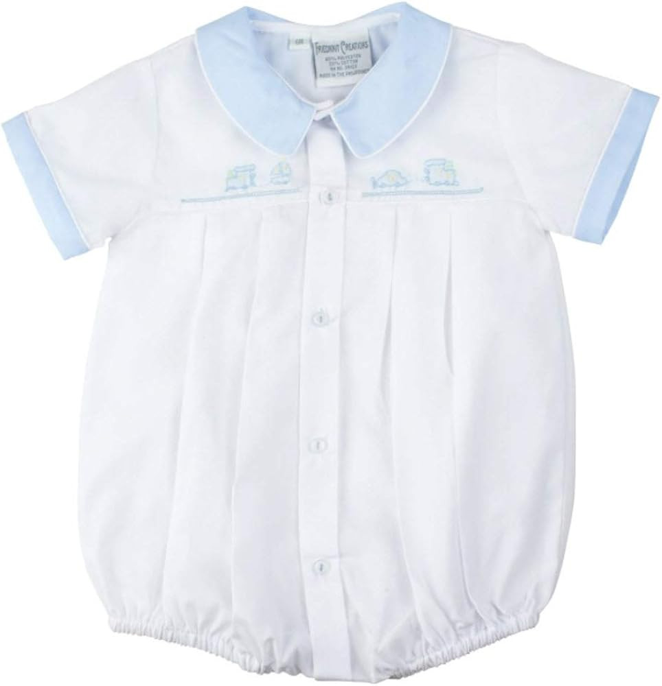 Feltman Brothers White & Blue Boys Embroidered Train Creeper- Preemie | Amazon (US)