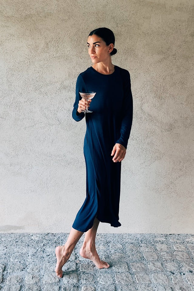 Bamboo Long Sleeve Lounge Dress in Navy | LAKE Pajamas