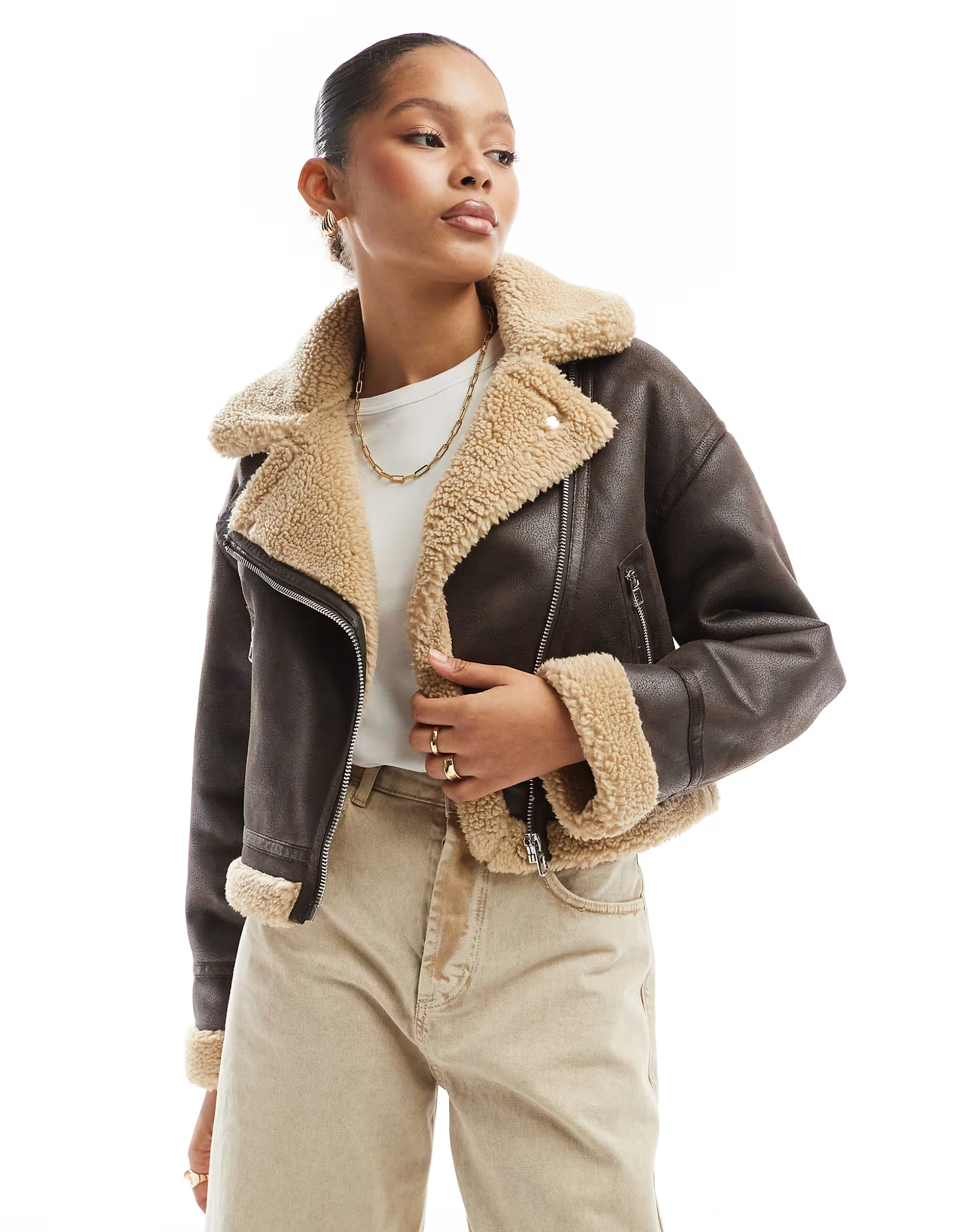 Bershka contrast shearling jacket in brown & ecru | ASOS (Global)