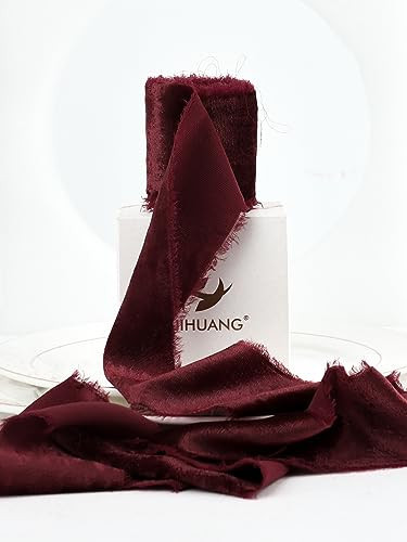 HUIHUANG Burgundy Velvet Ribbon 2 inch Frayed Silk Velvet Fringe Ribbon for Flower Bouquet, Gift Wrapping, Invitations, Holiday Christmas Decor, Wedding Bridal Shower Decor-3 Yards | Amazon (US)