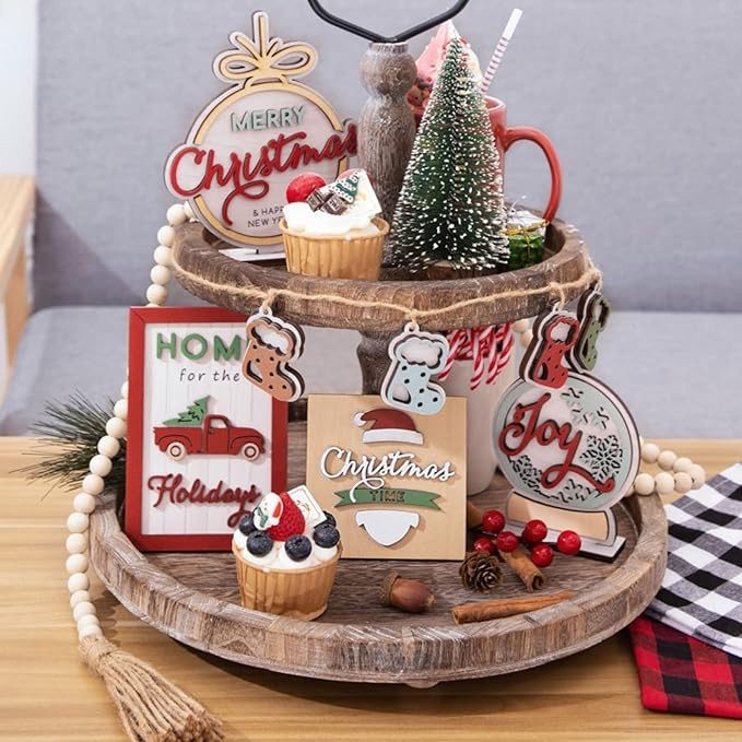 Christmas Decor - Farmhouse Christmas Decorations -11 PCs Tiered Tray Decor Wooden Signs for Home... | Amazon (US)