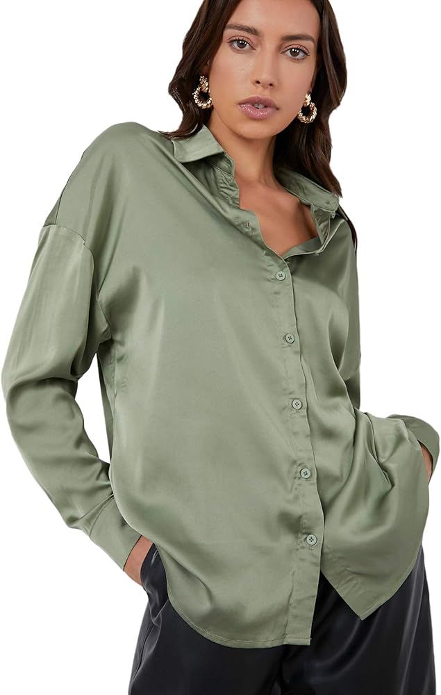 SheIn Women's Long Sleeve Satin Blouse Button Solid Drop Shoulder Shirt Tops | Amazon (US)