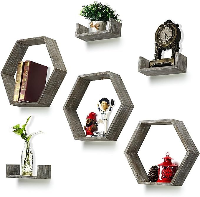 RR ROUND RICH DESIGN Wall Shelf Set of 6 - Rustic Wood 3 Hexagon Boxes | Amazon (US)