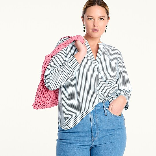 V-neck cotton poplin long-sleeve popover top in stripe | J. Crew US