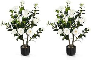 Goplus 38’’ Artificial Camellia Tree, 2 Pack Flower Plants Artificial Tree, Faux Floral Plant... | Amazon (US)