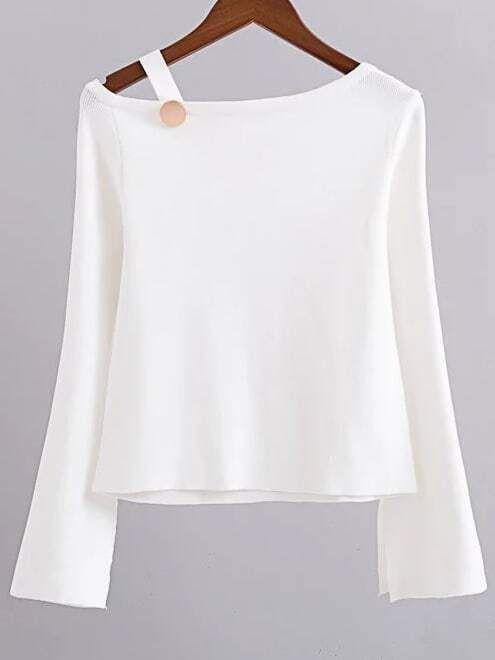 White Button Embellished Boat Neck Slit Sleeve Knitwear | ROMWE