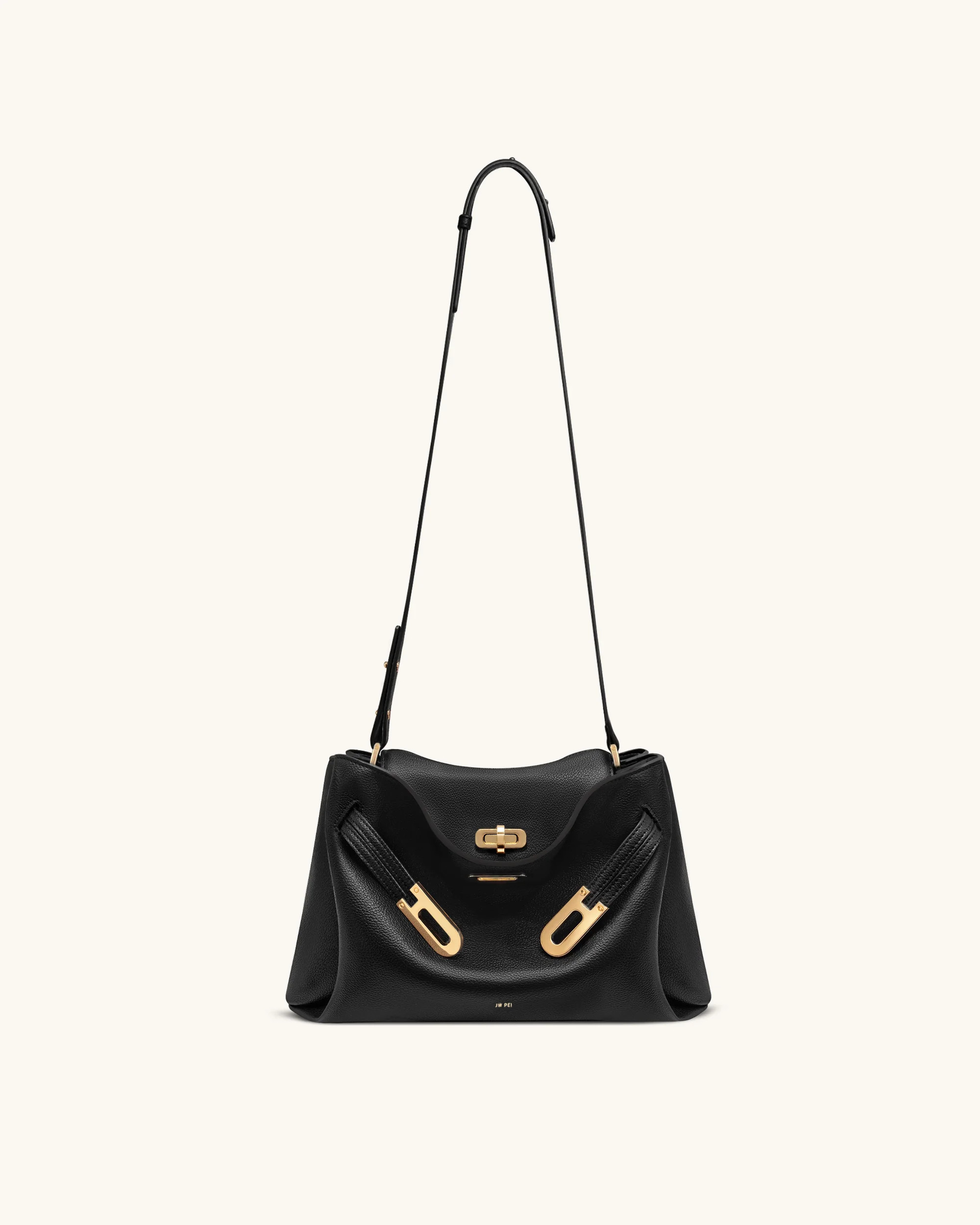 Rhea Pebbled Double Buckle Shoulder Bag - Black | JW PEI US