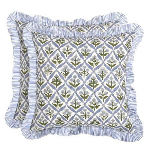 Ridhi Block Print Light Steel Blue Throw Pillow Cover 18" x 18" (Pack of 2) Decorative Cushion Covers with Ruffle for Couch, Sofa, Bed, Living Room, Home Decor Gift for Spring, Easter, Valentine | Amazon (US)