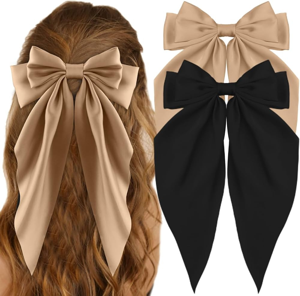 Hair Bows for Women Silky Satin Black Hair Bow 2Pcs Hair Ribbons Oversized Long Tail Bow Hair Cli... | Amazon (US)