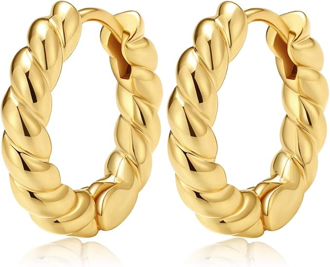 Hoop Earrings For Women 14K Gold Croissant Earrings Twisted Round Hoop Earrings Chunky Hoop Earri... | Amazon (US)