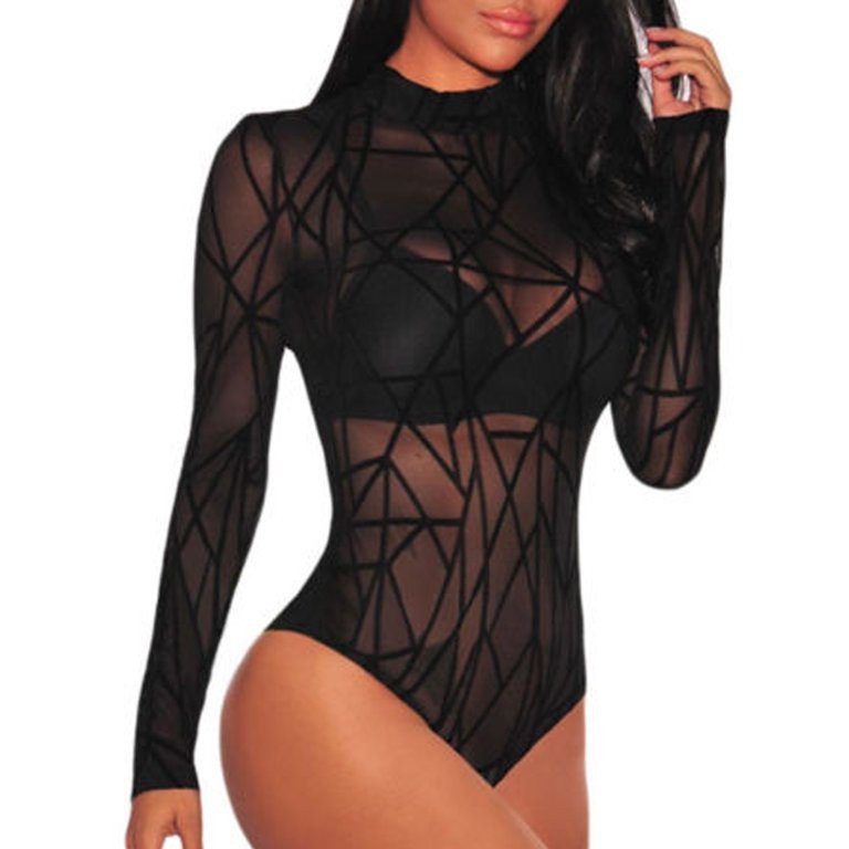 Pudcoco Women Sheer Mesh Lace Bodysuits See through Long Sleeve Bodysuit - Walmart.com | Walmart (US)