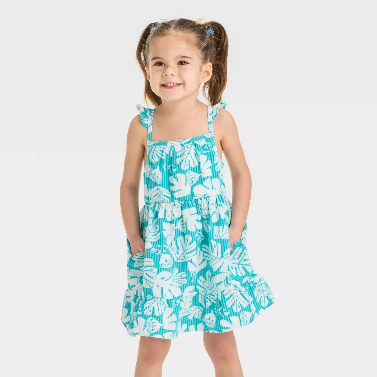Toddler Girls' Palm Printed Tank Dress - Cat & Jack™ Turquoise Blue 12M | Target