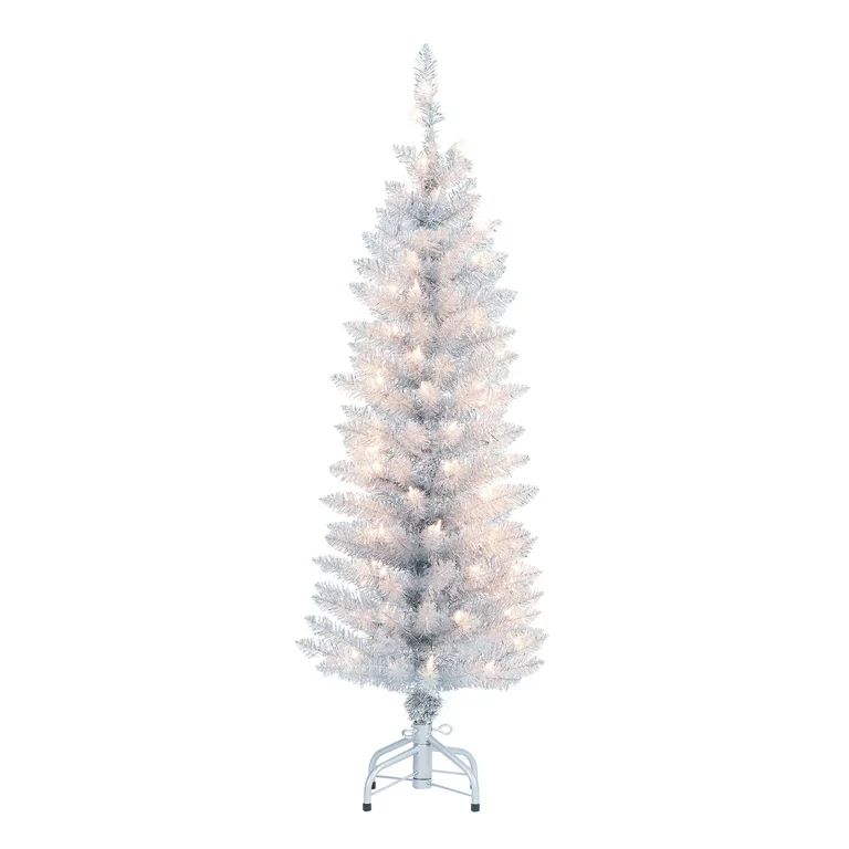 Holiday Time 4ft Pre-Lit Silver Tinsel Christmas Tree, Silver, 4', Clear | Walmart (US)