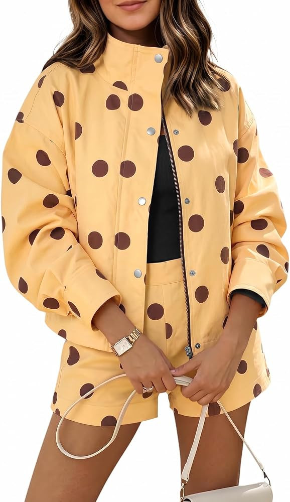 Tankaneo Womens 2 Piece Outfits Polka Dot Shorts Set Zip Up Cropped Jacket | Amazon (US)