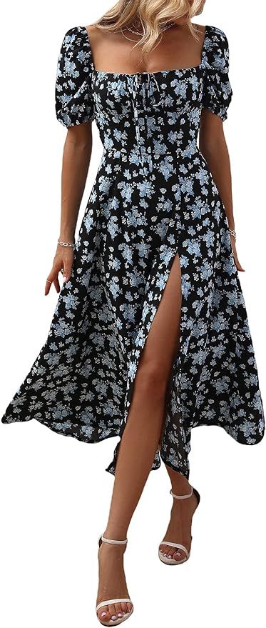 SheIn Women's Square Neck Dress Allover Floral Knot Split Thigh A-line Dress | Amazon (US)