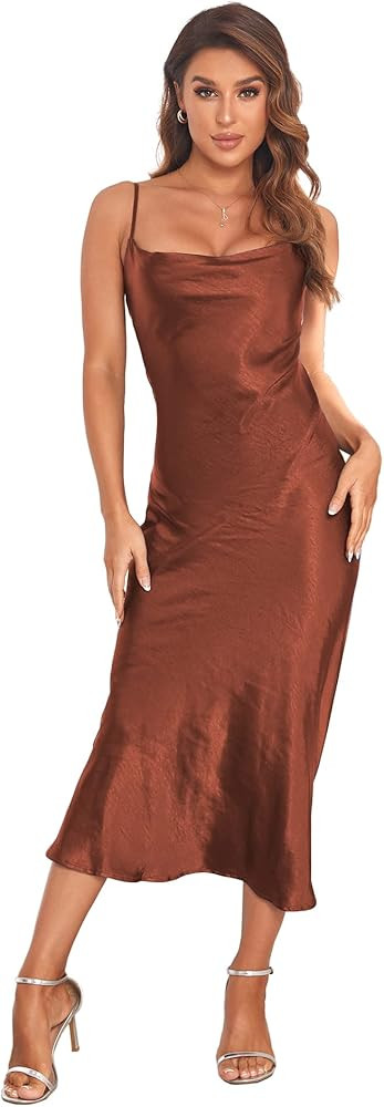 Women's Spaghetti Strap Midi Satin Silk Dresses Slip Cowl Neck Party Cocktail Evening Sexy Dress | Amazon (US)