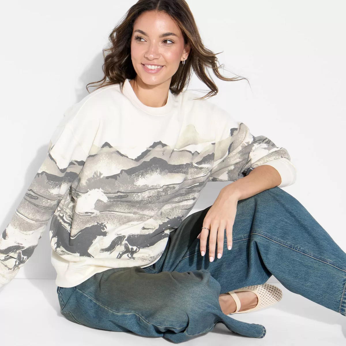 Women's Wild Horses Fleece Graphic Sweatshirt - Cream/Gray L | Target