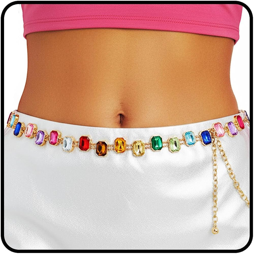 Rainbow Belt Chain Colorful Waist Chains Rhinestone Gold Jewelry for Women | Amazon (US)