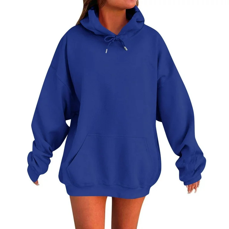 JUSLIO Womens Hoodies Pullover Long Sleeve Kangaroo Pocket Solid Hooded Sweatshirts Blue XL | Walmart (US)