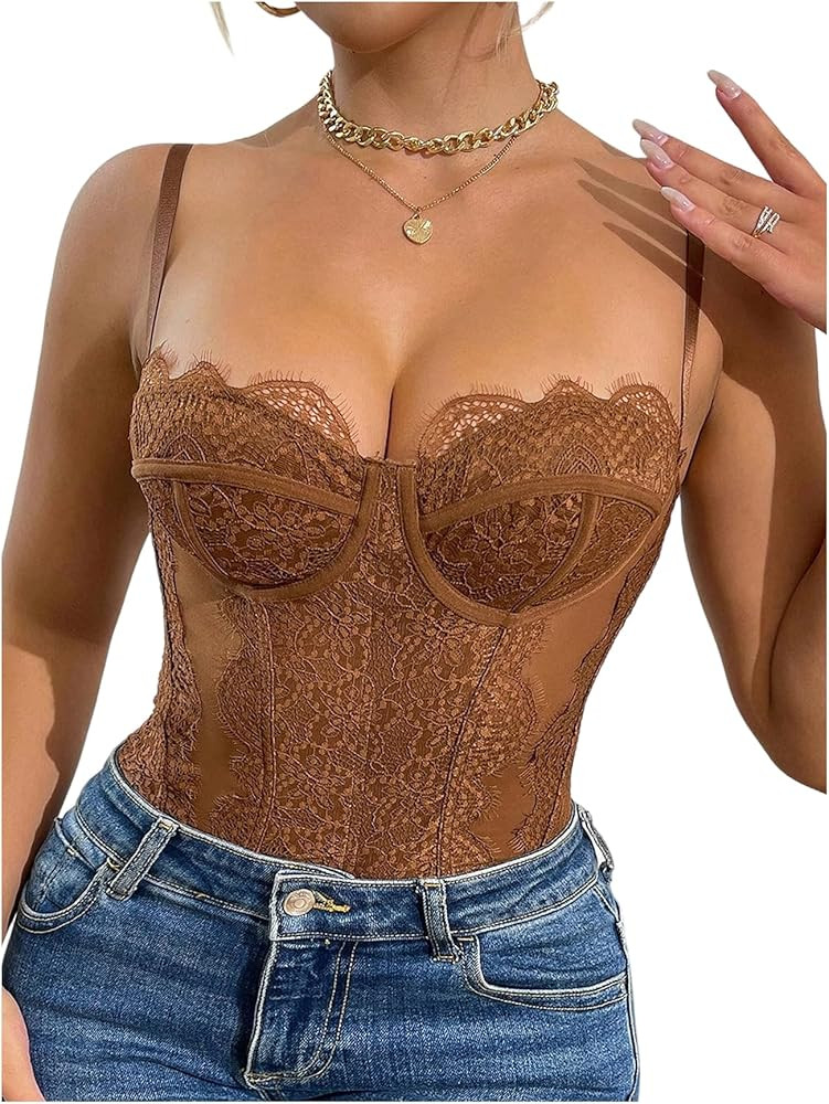 SweatyRocks Women's Lace Corset Shapewear Bodysuits Backless Sleeveless Thong Bodysuit Shirt Tops | Amazon (US)