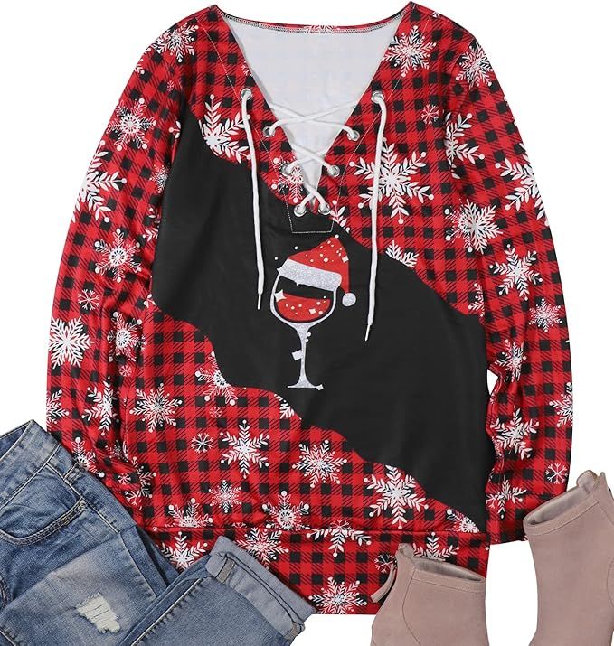 SUPEYA Women Red Wine Glass Christmas Sweatshirt Funny Christmas Pullover Xmas Santa Hat Graphic ... | Amazon (US)