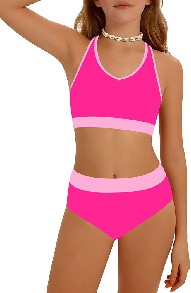 Girls Swimsuit Color-Block High Waist Sporty Sets Girls Two Piece Bathing Suit with Chest Pad Swi... | Amazon (US)