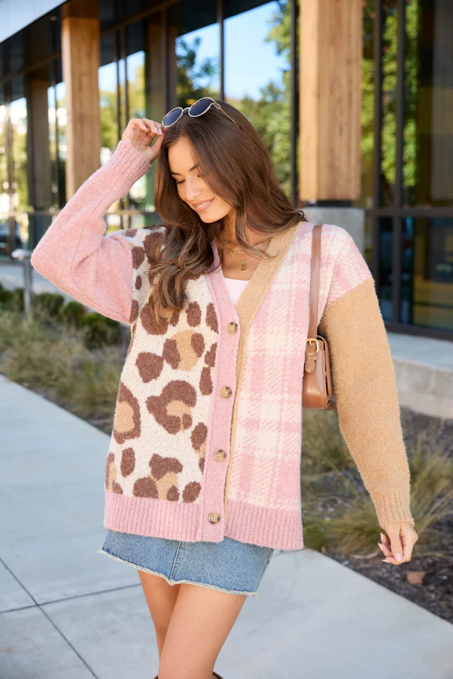 Maleah Pink Plaid And Animal Print Cardigan SALE | Pink Lily