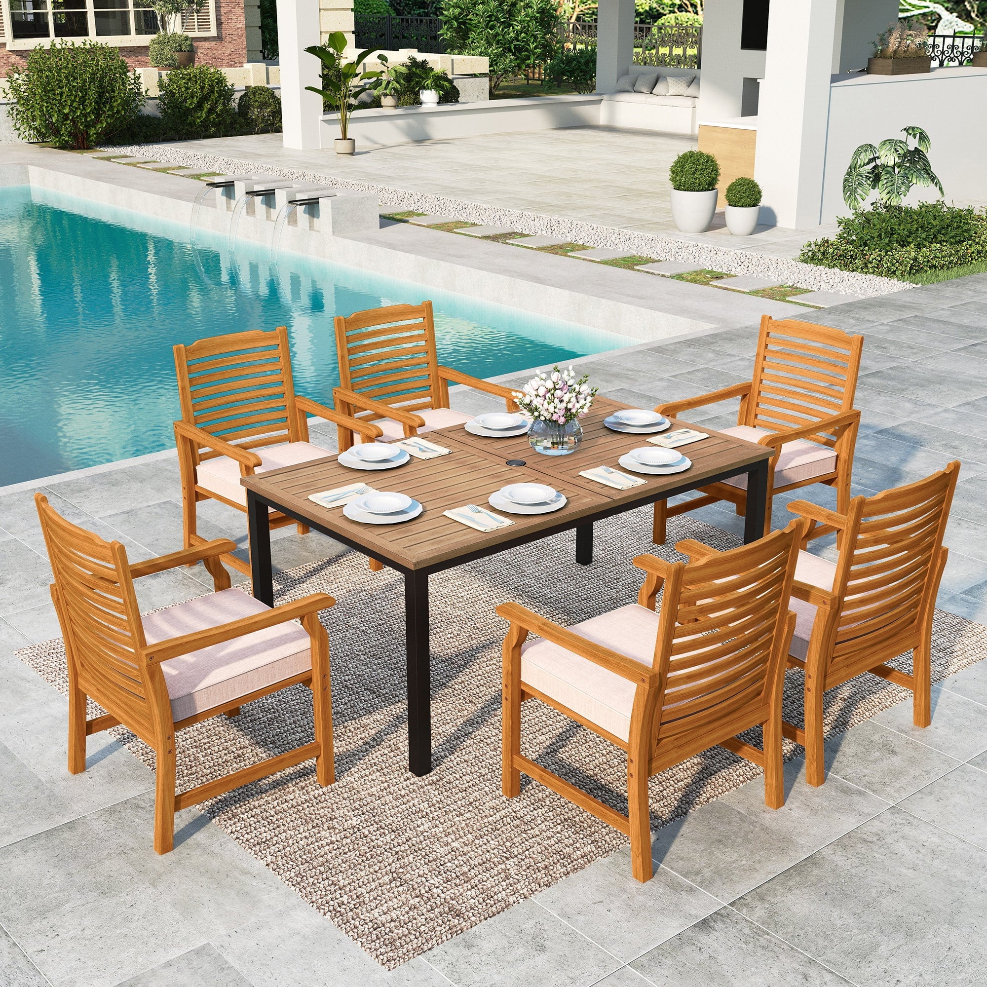 Summit Living 7-Piece Acacia Wood Outdoor Patio Dining Set with 6 Chairs with Cushions & 1 Metal ... | Walmart (US)