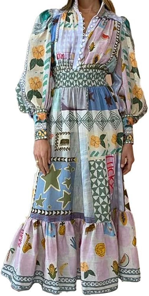 Vacation Style Autumn Printed Bubble Sleeve Temperament high Waisted Large Swing Dress | Amazon (US)
