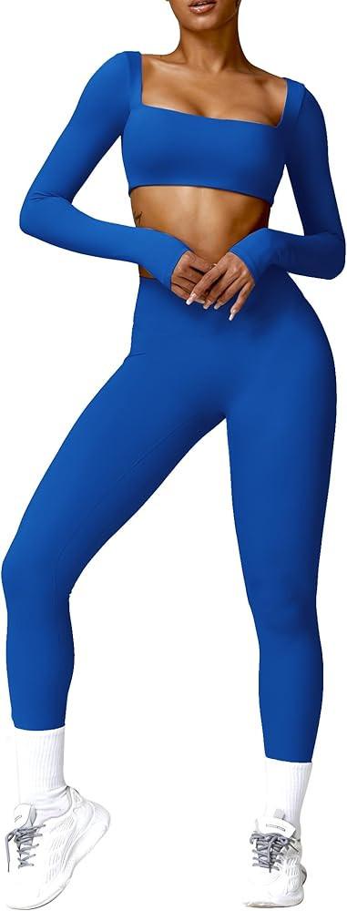 ABOCIW Workout Sets for Women 2 Piece Square Neck Long Sleeve Crop Tops High Waist Flared Legging... | Amazon (US)