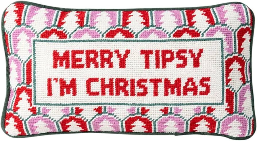 FURBISH Christmas Pillow - Merry Tipsy Needlepoint Decorative Throw Pillow, Christmas Decor, Hand... | Amazon (US)